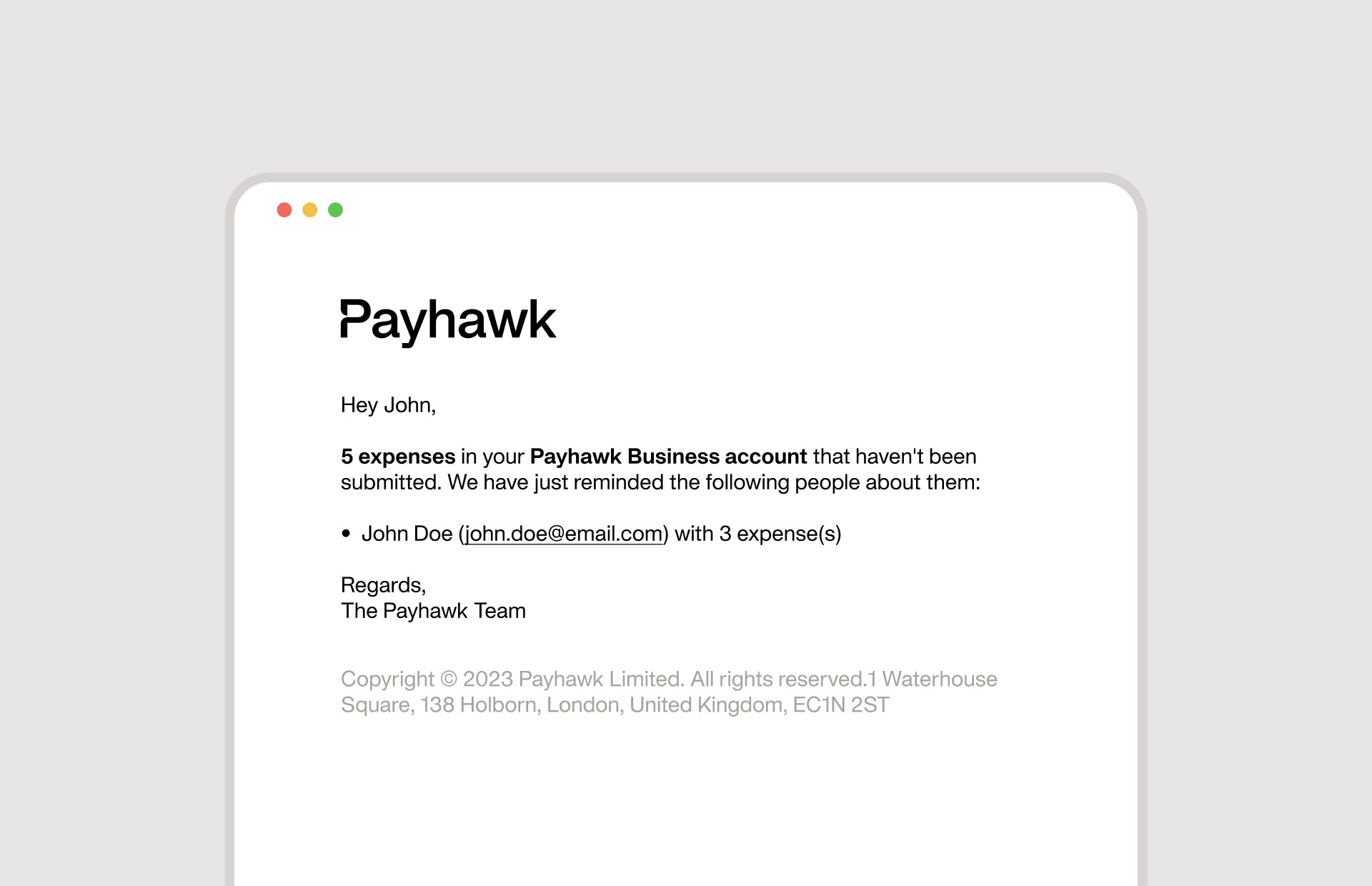 lembretes de apresentação de despesas - uma captura de ecrã do e-mail de gestão de despesas Payhawk enviado ao gestor